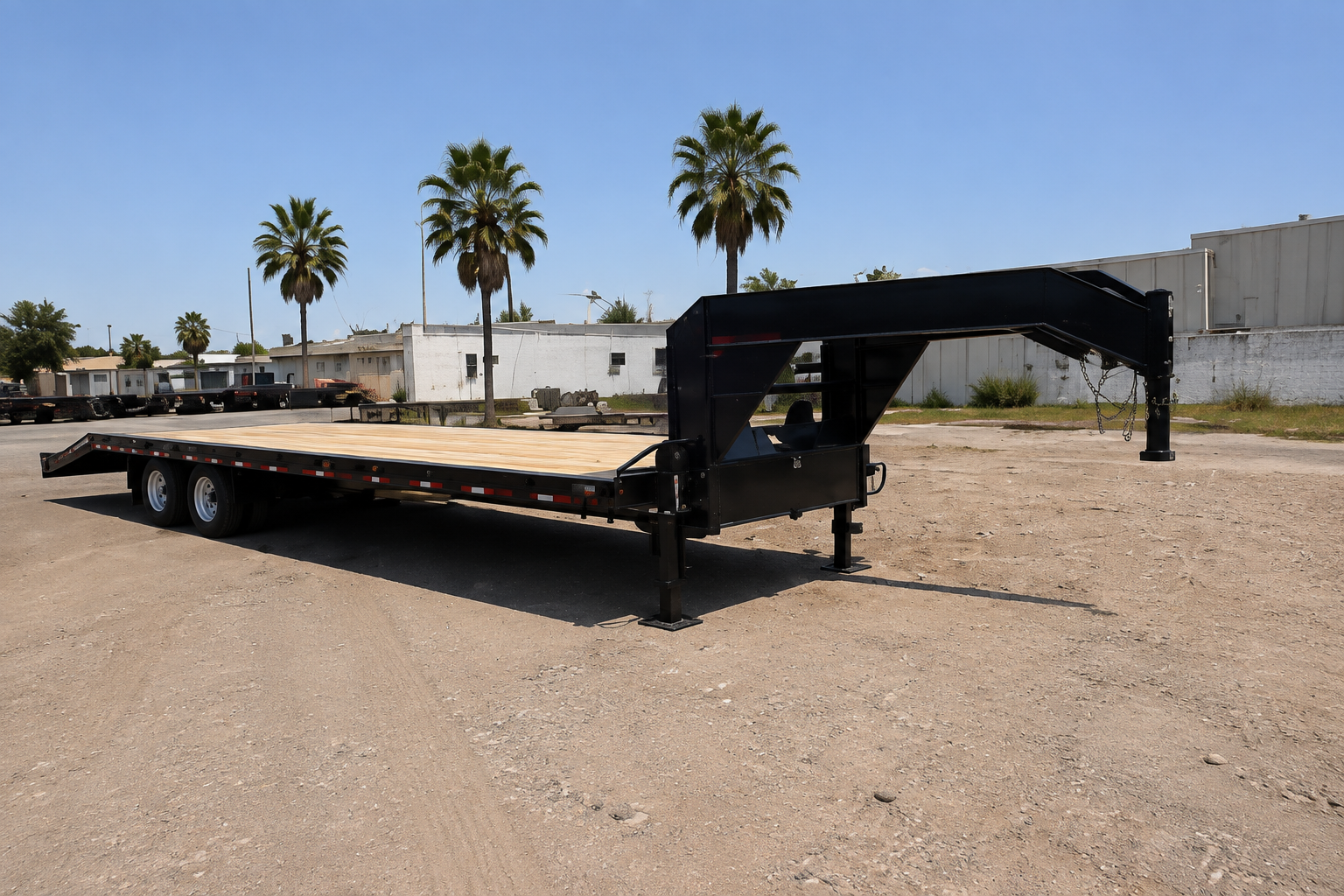 Black 40-foot gooseneck flatbed trailer at the BNRB rental yard.