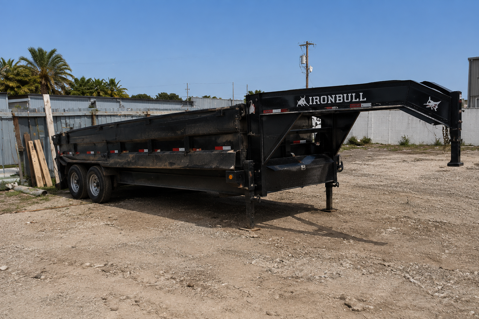 Black 8x20 gooseneck dump trailer at the BNRB rental yard.
